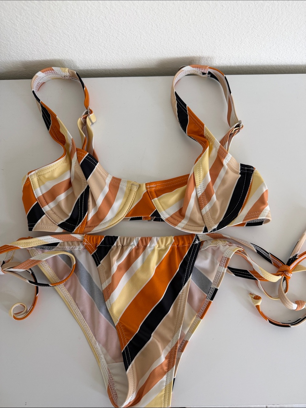 SNRKLBR Striped Bikini Babysitter Underwire Top Waist Tie Bottom Set XS